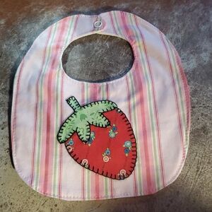Charming Pink Striped Baby Bib with Strawberry Patch